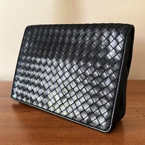 Bottega Veneta Italy Vintage Black Woven Leather Flap Front Snap Clutch